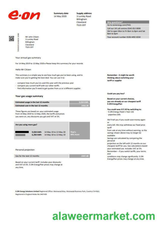 United Kingdom E.ON utility bill template in Word and PDF format, version 2